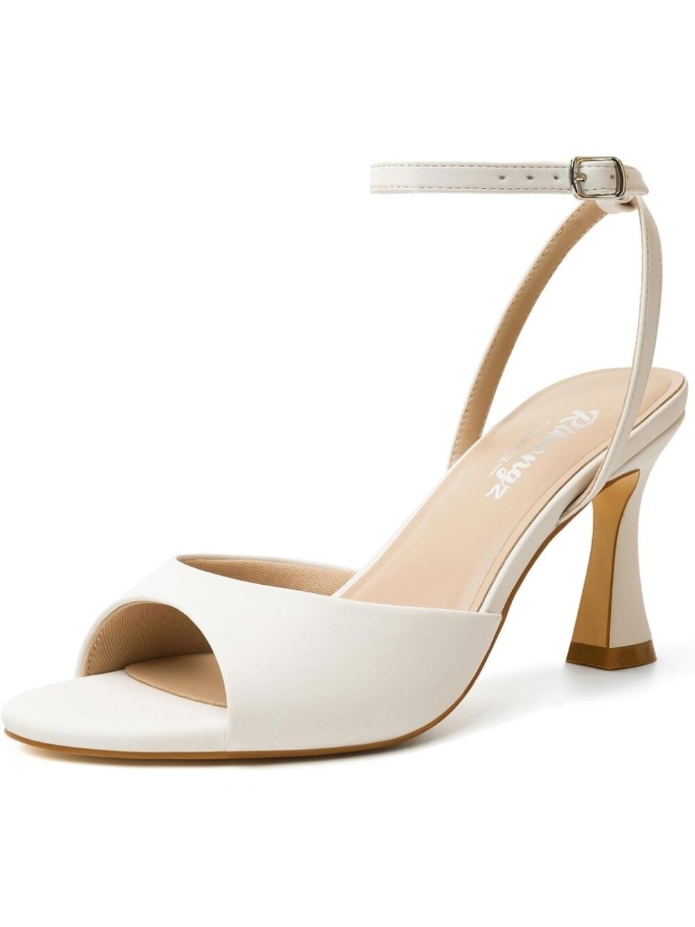 Women's Beige Open Toe Kitten Chunky Block Heel Ankle Strap Buckle Sandals